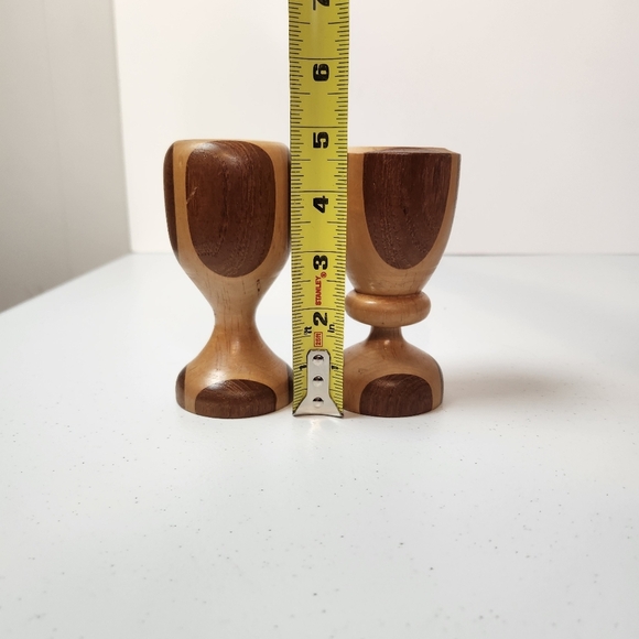 Vintage Set of 2 Hand Turned Wooden Pillar Candle Holders Canary Maple Rustic - Picture 6 of 6